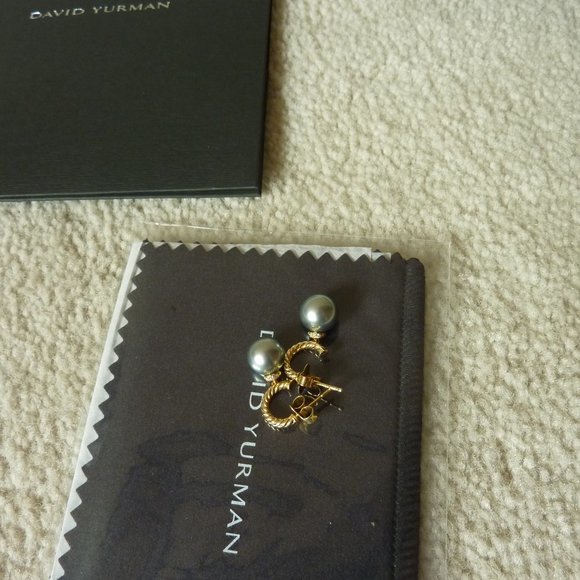 DAVID YURMAN 18K Gold 'Solari' Grey Pearl & Diamond Hoop Drop Earrings (NEW) - Picture 6 of 12